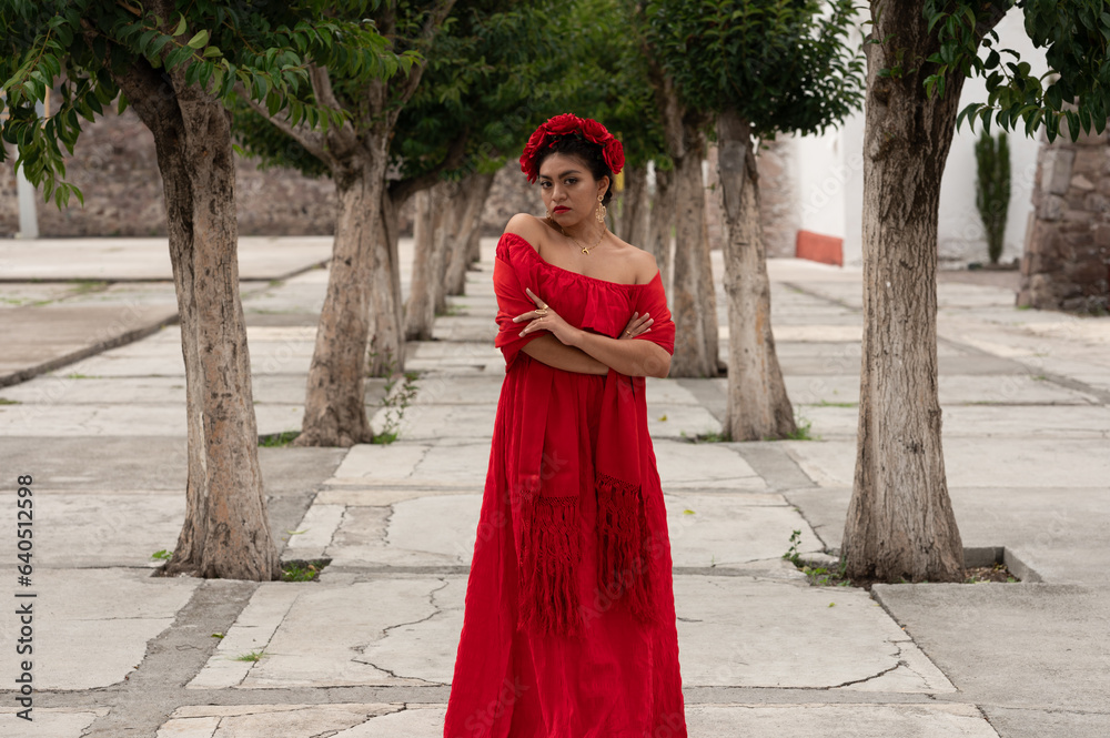 Pretty Young girl wearing classical mexican dress red, like flamingo