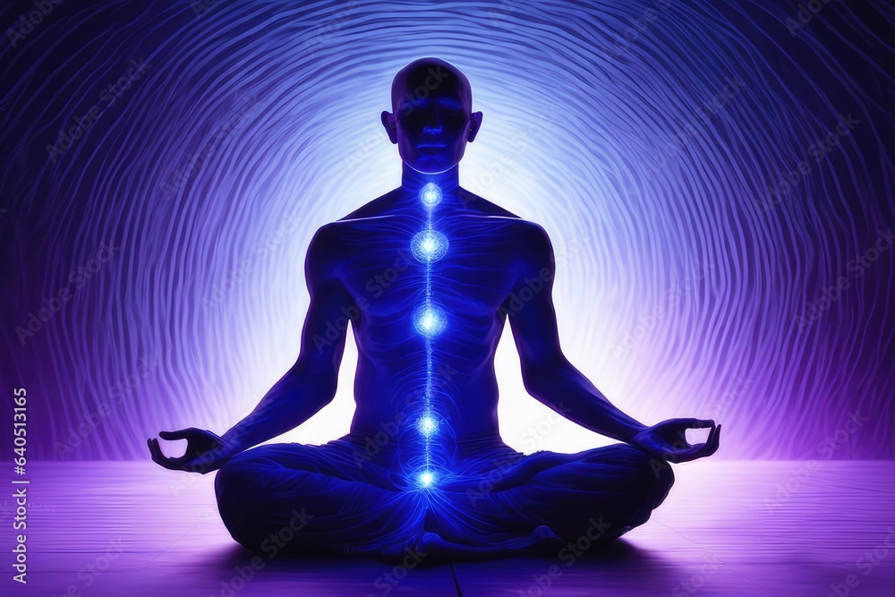 person glowing meditating in yoga pose
