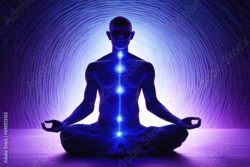 person glowing meditating in yoga pose