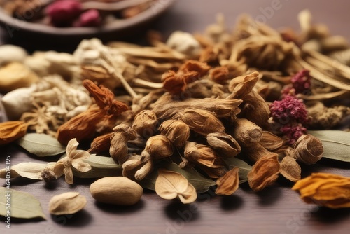 spices and herbs on table background