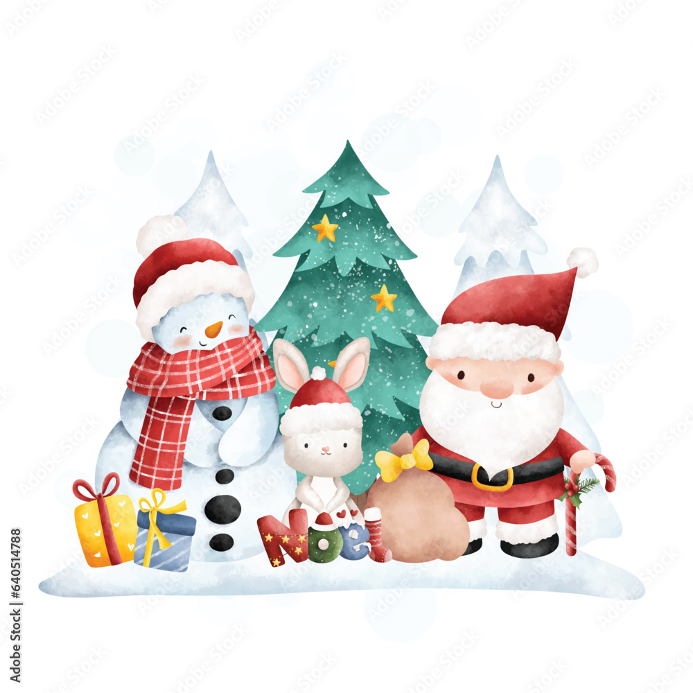 Watercolor illustration Christmas card with Santa Claus, snowman, rabbit , christmas tree and gift Watercolor illustration Christmas card with Santa Claus, snowman, rabbit , christmas tree and gift