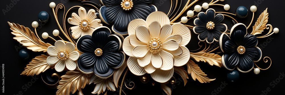 Wunderschöne Blumen dekoration in gold und schwarz in Querformat als Banner, ai generativ