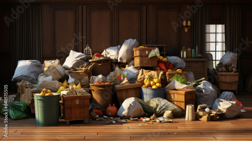 A huge pile of trash, plastic bottles and spoiled food