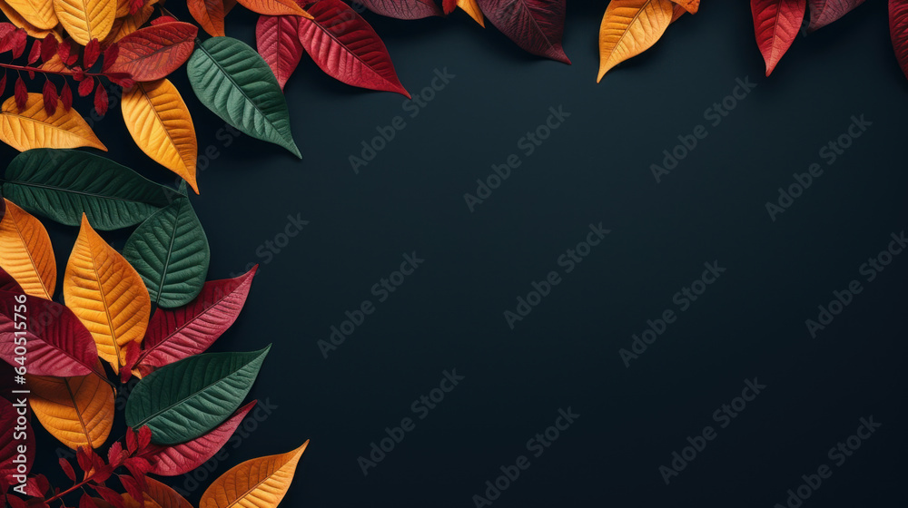 Top view, autumn orange, red, yellow fresh leaves, on dark green background with place for text.