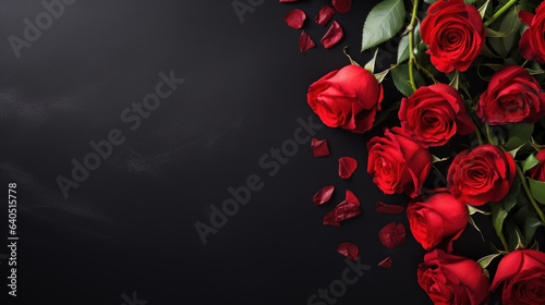 Red roses mock up banner on black desktop background. Top view © tashechka