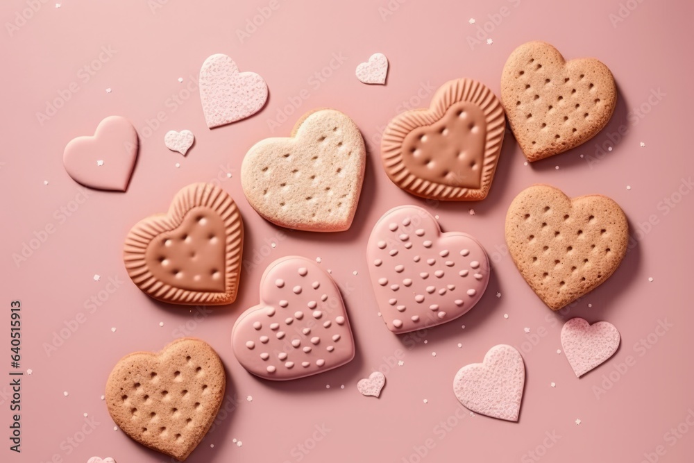 tender heart-shaped cookies on a light pink background, small details of decoration in sugar on the cookie tender heart-shaped cookies on a light pink background, small details of decoration in sugar on the cookie