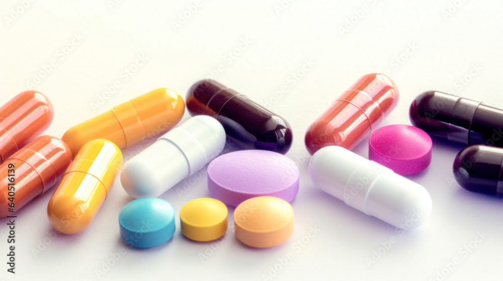 Close up colorful pills and capsules on white background Close up colorful pills and capsules on white background