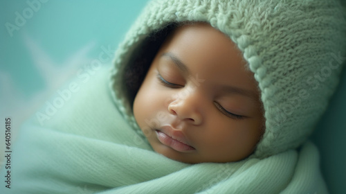 Sleeping african american baby on soft green background photo