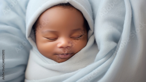 Sleeping african american baby on soft blue background photo