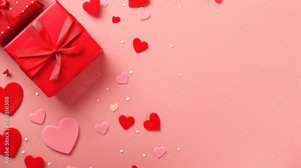 Valentine's Day pink background with red petals rose with gift box, top view. Valentine's Day pink background with red petals rose with gift box, top view.