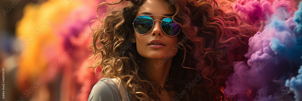 Hübsches Model Gesicht mit hellen Sonnen mit Holifarben im Hintergrund im Querformat für Banner, ai generativ - obrazy, fototapety, plakaty 