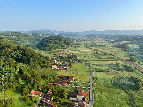 View of forests, fields, villages and Zagorje hills, during a panoramic balloon flight over Croatian Zagorje - Croatia (Panoramski let balonom iznad Hrvatskog zagorja - Hrvatska) photo