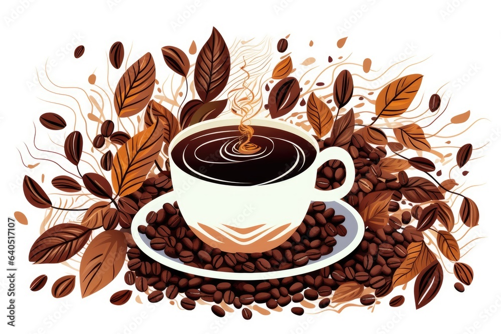 Obraz premium Cup of hot coffee with beans illustration, white background,