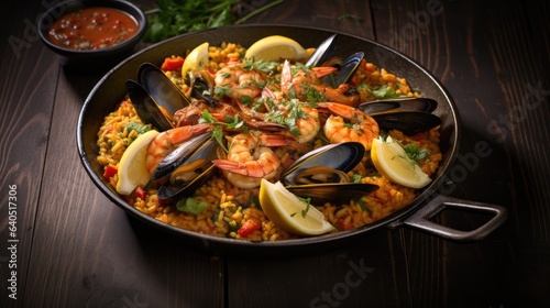 Seafood paella, a medley of saffron-infused rice, shrimps, succulent mussels, and tantalizing aromatics herbs served in a paella pan, generative ai