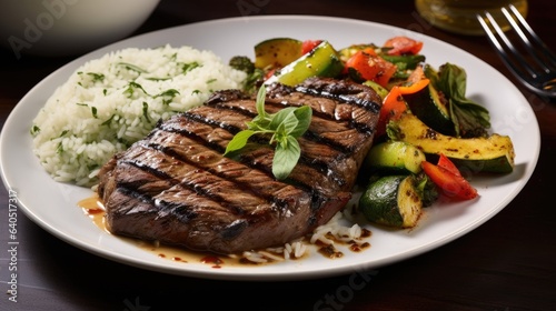 Grilled steak served with rice and grilled vegetables, generative ai