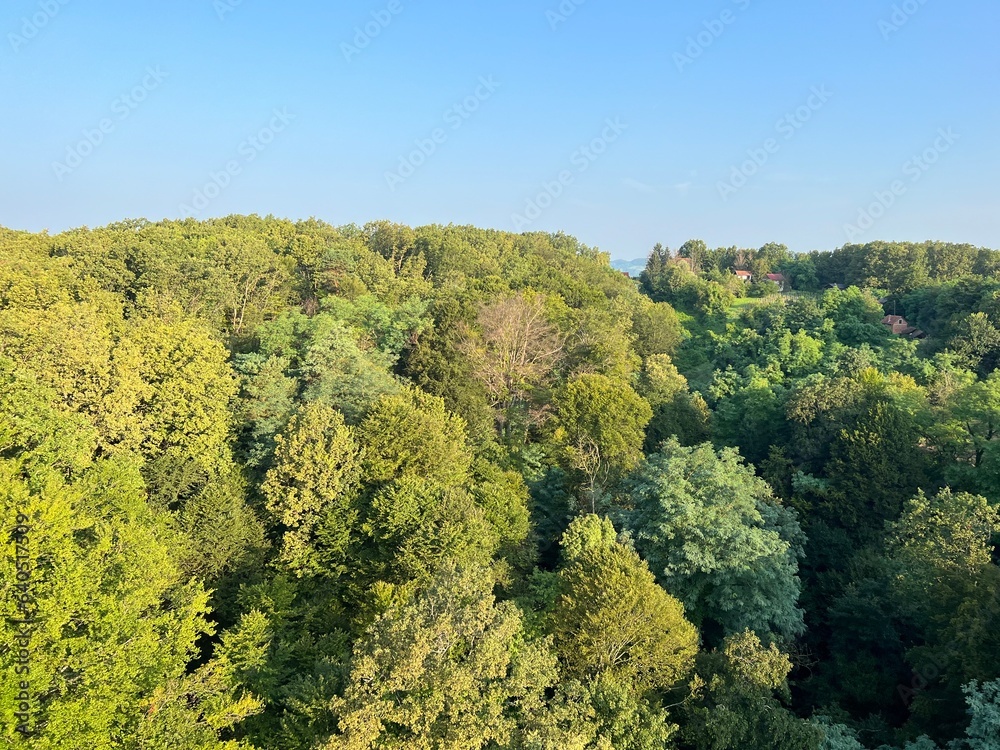 View of forests, fields, villages and Zagorje hills, during a panoramic balloon flight over Croatian Zagorje - Croatia (Panoramski let balonom iznad Hrvatskog zagorja - Hrvatska) View of forests, fields, villages and Zagorje hills, during a panoramic balloon flight over Croatian Zagorje - Croatia (Panoramski let balonom iznad Hrvatskog zagorja - Hrvatska)