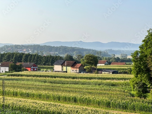 View of forests, fields, villages and Zagorje hills, during a panoramic balloon flight over Croatian Zagorje - Croatia (Panoramski let balonom iznad Hrvatskog zagorja - Hrvatska) photo