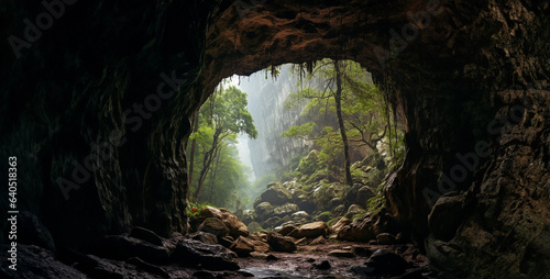 looking into the forest from a cave during a rainstorm hd wallpaper