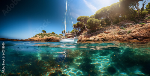 a monohull sail docking in a cove around mediterranean hd wallpaper photo