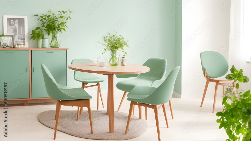 Mint color chairs at round wooden dining table in room with sofa and cabinet near green wall. Scandinavian, mid-century home interior design of modern living room.