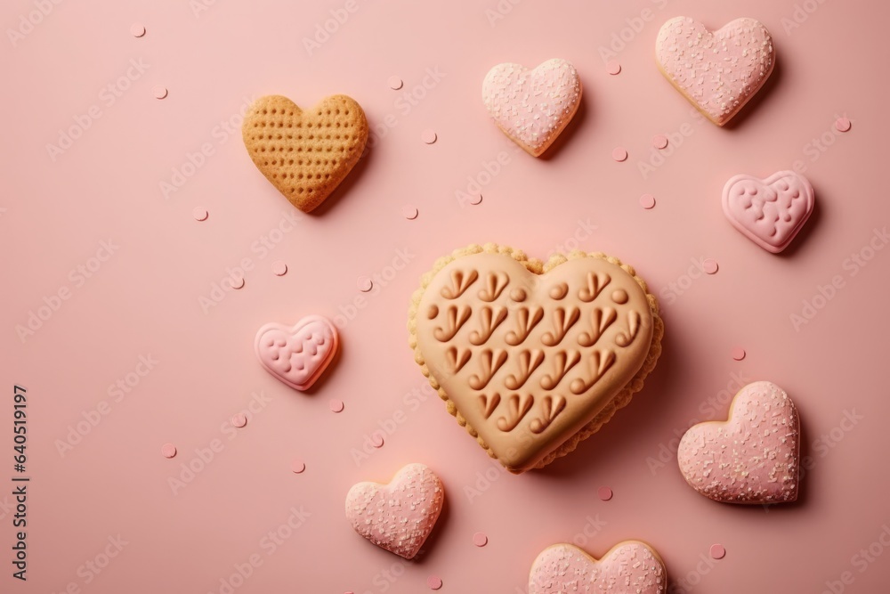 Heart-shaped cookies alluding to love, pink cookies on a pink background with berries around Heart-shaped cookies alluding to love, pink cookies on a pink background with berries around