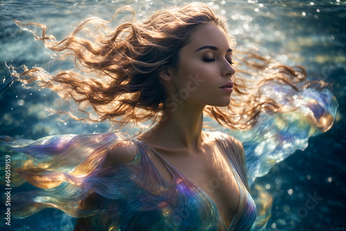 An ethereal human form sculpted from cascading water. Sunlight pierces through the aquatic figure, creating prismatic reflections that dance across the surroundings