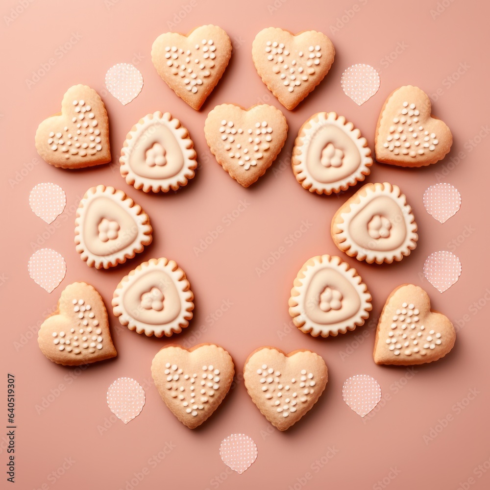 round cookies in the center surrounded by small heart-shaped sugar cookies,