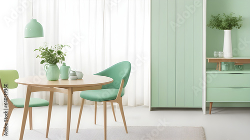 Mint color chairs at round wooden dining table in room with sofa and cabinet near green wall. Scandinavian  mid-century home interior design of modern living room.