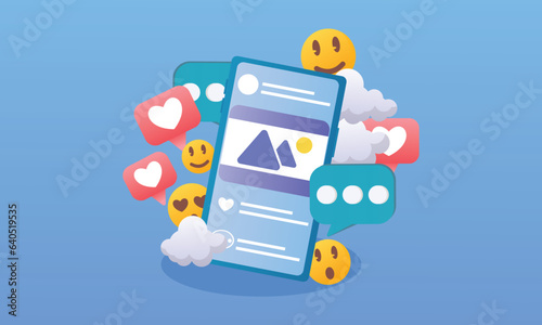 Social Media with frames Social media posts like buttons and emojis.on blue background.Vector Design Illustration.