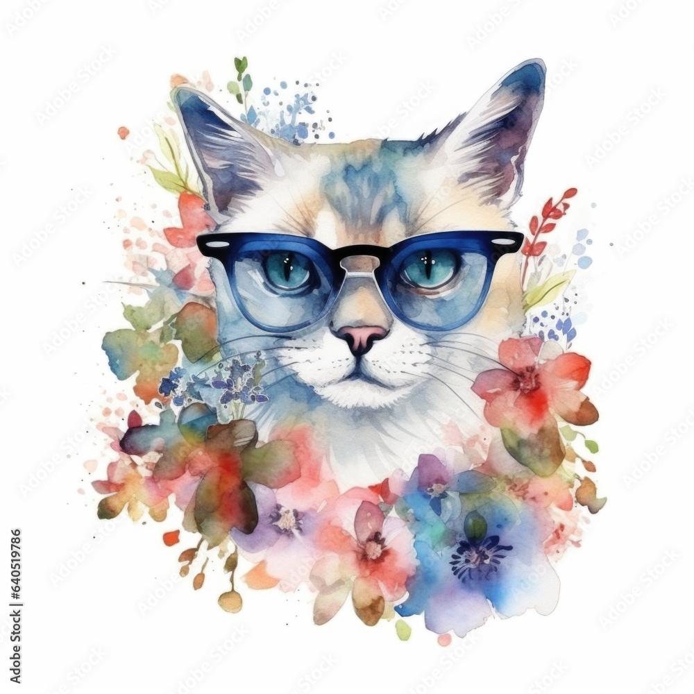 Fototapeta Cute colorful cat watercolor isolated on white background