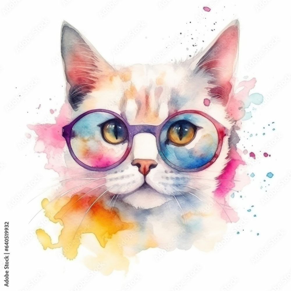Cute colorful cat watercolor isolated on white background