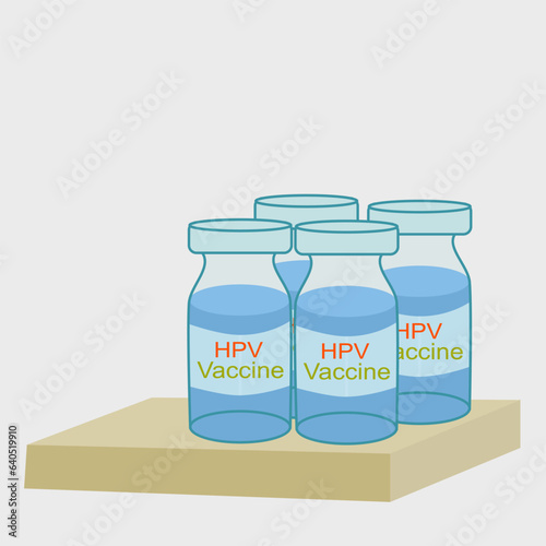 Four vials of HPV vaccine placed together. Concept Prevent HPV infection by vaccination before getting infected.