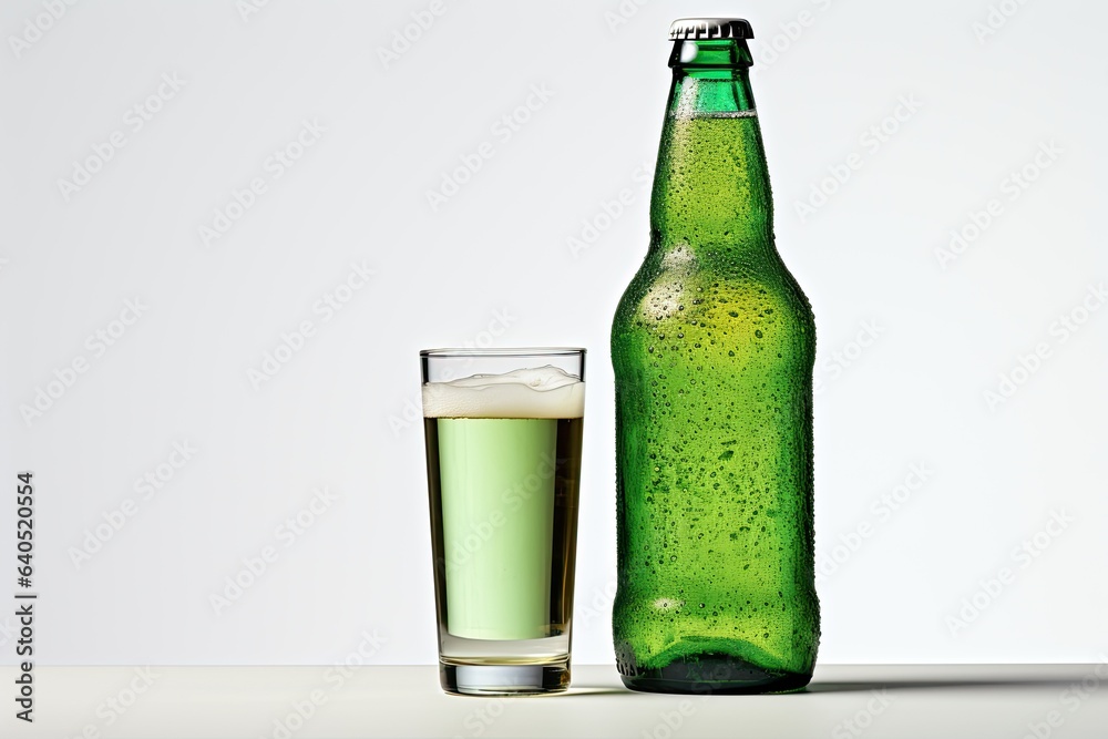 Green beer bottle and green beer can with water droplets on a white Background