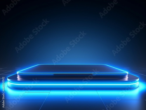 Beautiful modern futuristic podium with neon blue lighting for product presentation generative ai