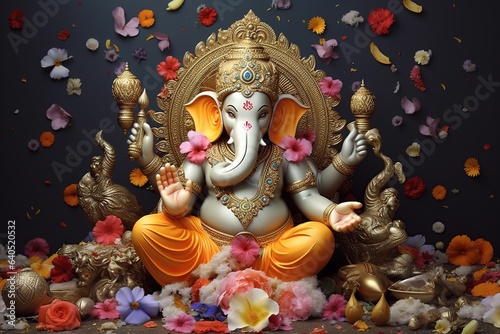 Lord Ganesha is surrounded by flowers. Ganesh Festival Indian Ganesh Chaturthi Festival