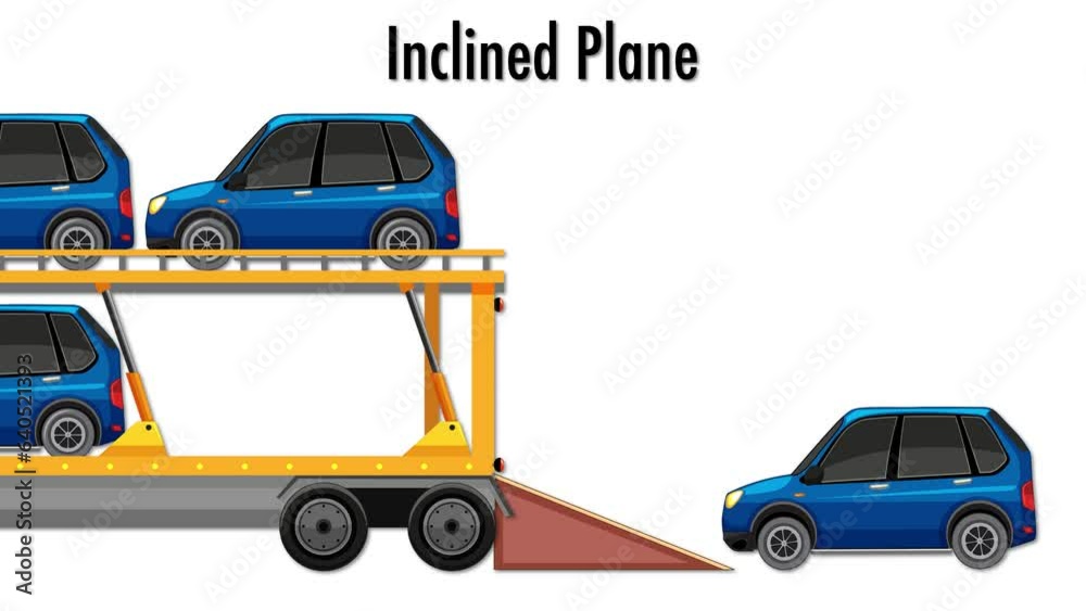 Physics science animation of a car on an incline plane getting on a car carrier trailer with effort and load.