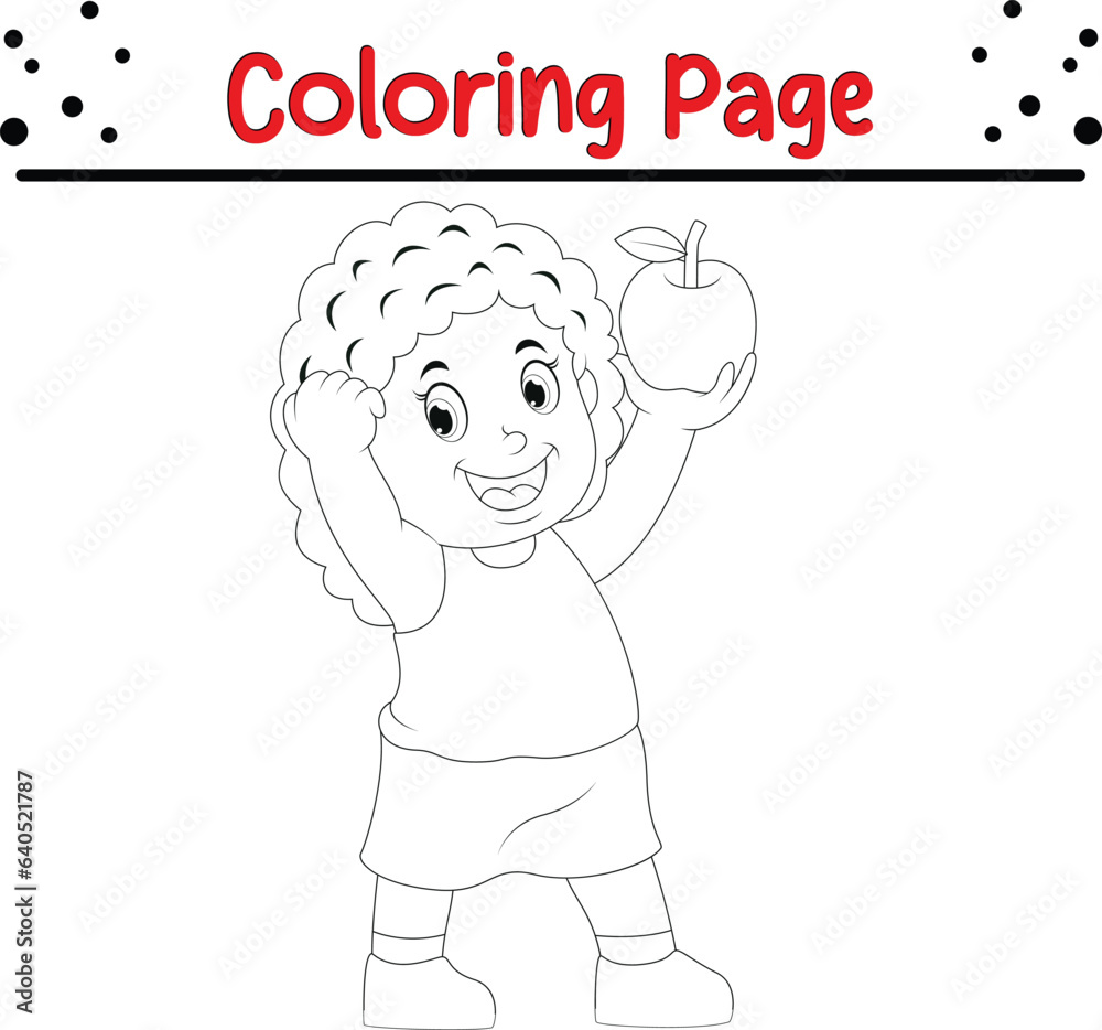 Happy kids with fresh apple coloring page for children. coloring book