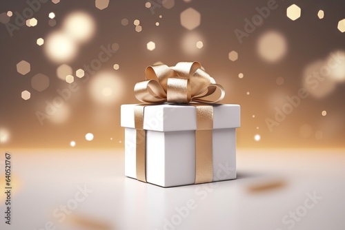 beautiful podium concept white minimal bow ribbon commercial gift flying realistic banner render golden present woman box creative background bokeh beige levitating brown lights © sandra