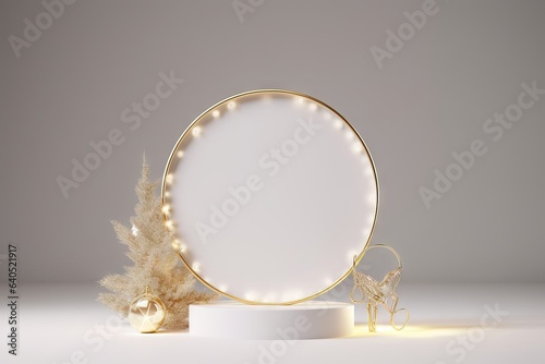 beautiful podium gold pedestal rim product studio render abstract christmas text winter presentation white frame splay lights background christmas © sandra