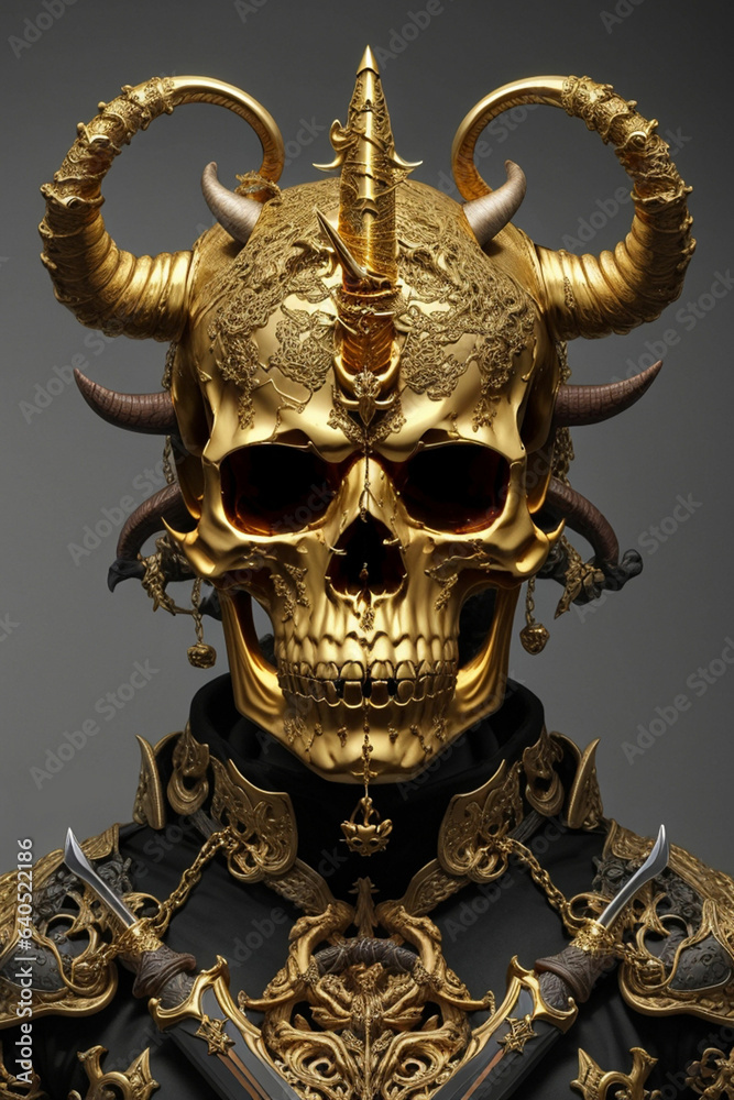 a golden skull with horn and a sword