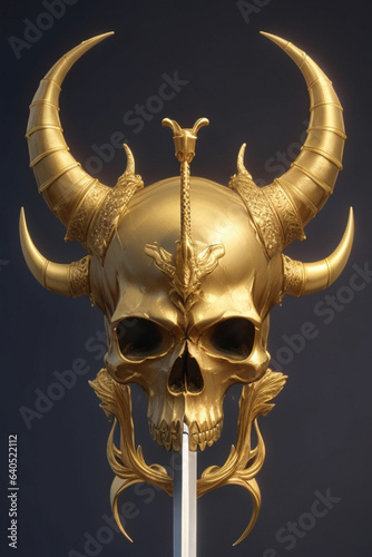 a golden skull with horn and a sword