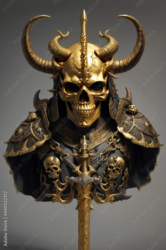 a golden skull with horn and a sword a golden skull with horn and a sword