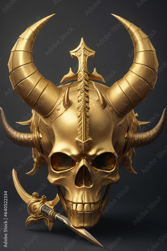 a golden skull with horn and a sword