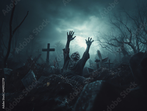 Zombie hand rising on tombstone in dark spooky night, halloween background