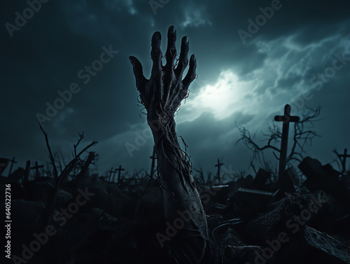 Zombie hand rising on tombstone in dark spooky night, halloween background © Pemika