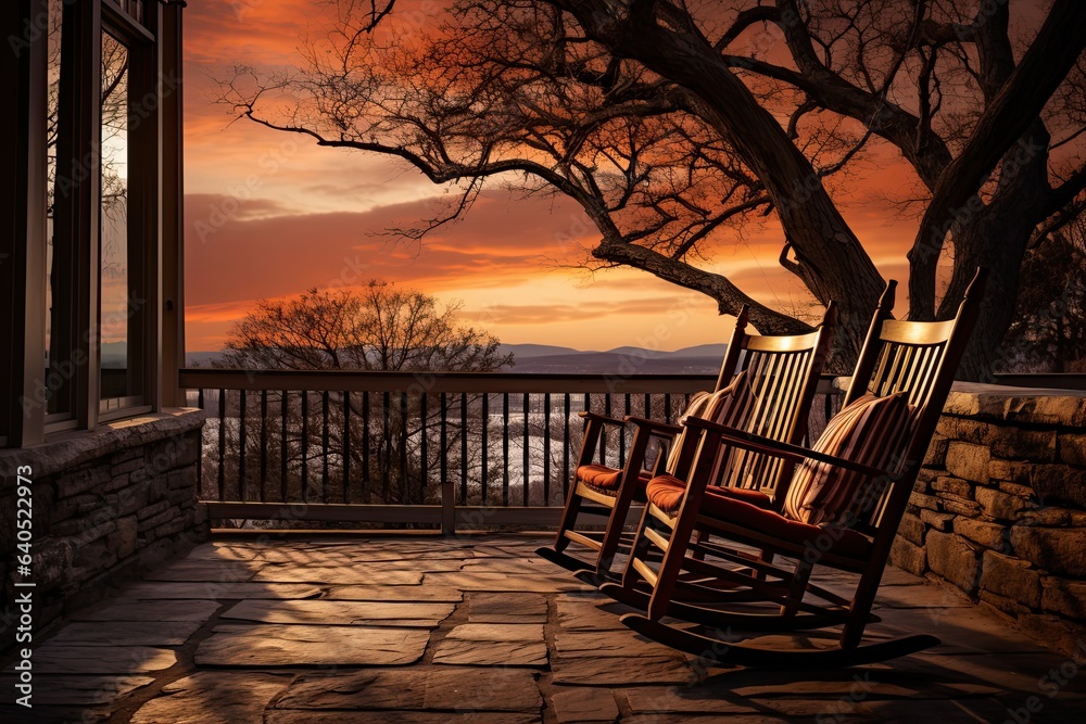 Rocking chair on the front porch during a sunset