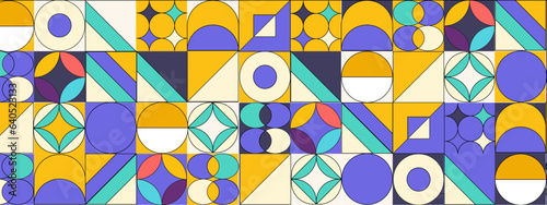 Abstract Geometric Pattern Artwork. Retro colors and color background. Grid with colored geometric shapes. Modern abstract promotional flyer, background, brochure, pattern.
