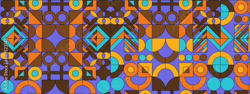 Abstract Geometric Pattern Artwork. Retro colors and color background. Grid with colored geometric shapes. Modern abstract promotional flyer, background, brochure, pattern.