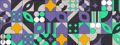 Abstract Geometric Pattern Artwork. Retro colors and color background. Grid with colored geometric shapes. Modern abstract promotional flyer, background, brochure, pattern.