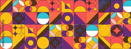 Abstract Geometric Pattern Artwork. Retro colors and color background. Grid with colored geometric shapes. Modern abstract promotional flyer, background, brochure, pattern.